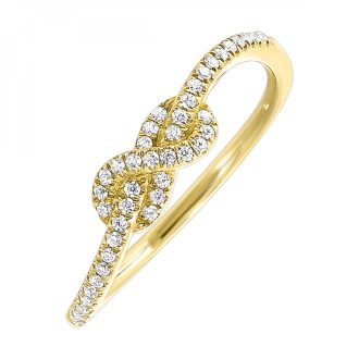 This exquisite ring features sparkling diamonds weighing 0.12 carats embedded in a mesmerizing infinity knot design. Hand-crafted in highest grade 14 karat yellow gold, this fashion forwards hand accessory can be a perfect style statement or a sign of your eternal commitment to your loved one.