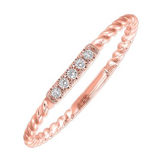 Set in lustrous 10K rose gold, this stylish fashion band showcases five sparkling round diamonds, weighing a total of 0.05 carats combined. The ring is presented in a charming rope design, offering ample elegance and sophistication. Adorn your finger with this exquisite piece that combines classic glamor and modern chic.