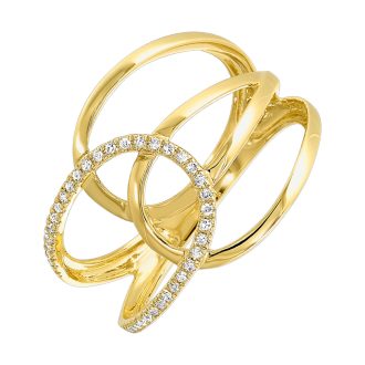 A stylish spotlight to your day, this sinewy 14 karat yellow gold ring flaunts a triple loop design blended with fashion inspiration. Intricately studded with 37 round, glittering diamonds, it gleams with a total carat weight of 0.10, evoking timeless elegance that perfectly accentuates your sophisticated allure.