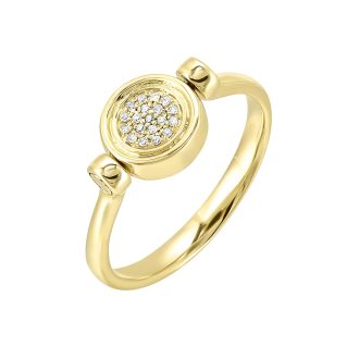 Exuding sophistication, this captivating 10-karat yellow gold fashionable ring features a daring black ceramic reversible flip top. Sparkling with 19 round diamonds weighing a total of 1/20 carat, this audaciously designed piece offers versatile style for todayas modern, trendy woman.
