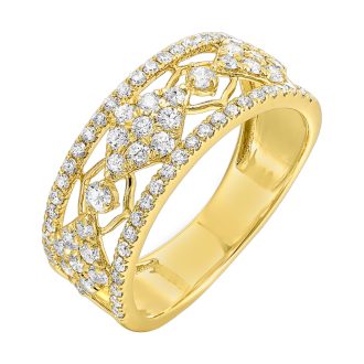 This stunning band shines bright with 75 round-cut diamonds totalling 0.75 carat, all set in 14 karat yellow gold. The highly artistic pattern design exhibits brilliance and sophisticated craftsmanship, suitable for any cherished occasion. An enchanting symbol of eternal love, this luxurious diamond-packed ring stands as a unique piece of jewellery.