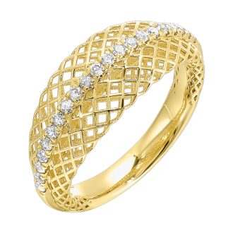 This dazzling finger ornament showcases a stunning weave design, crafted intricately from 10-karat yellow gold. Embedded with 21 round-cut diamonds with a total carat weight of 0.25, the shimmer simply enhances the decorative basket weave style. An elegant band for any adorning a versatile, yet distinguished look.