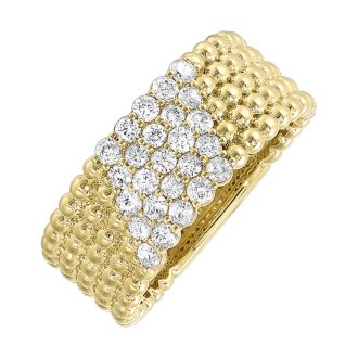 Experience elegance with this exquisite ring designed in 14 karat yellow gold. The elegant jewellery piece showcases five rows of brilliant round-cut diamonds, total weight a half carat, nestled in a beaded design. It's not just an accessory, but a statement of timeless sophistication that flaunts your refined taste effortlessly.