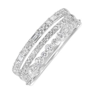 This eloquent fashion band features three rows of dazzling, high-quality round/baguette diamonds. The diamonds weigh in at a half carat, prominently adorning the 14 karat white gold band with their incomparable sparkle. This contemporary piece offers a classic ode to style and sophistication ideally fit for everyday elegance or captivating special occasions.