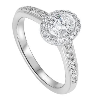 This engagement ring features a central oval diamond of approximately .33 carat, with an addition of 30 sleek round brilliant testiers coming to about .38 carat. Held with 14k white gold setting, this ring possesses a radiant oval halo and incorporates traditional design aesthetics perfect for that memorable proposal.