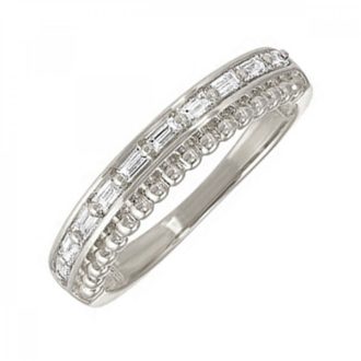 Enhance your elegance with this chic fashion ring. Made from dazzling 14 carat white gold, it features a double row of precious diamonds, each weighing 1/5 ct. Each diamond is meticulously set within a beaded-edge design, adding a sophisticated texture detail that guarantees to make a stylish statement.
