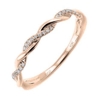 Introducing a beautiful sparkling twisted band in an elegant 10k rose gold setting. This dainty band design contains 27 round diamonds, set neatly across its chic twist curvatures. The cumulative weight of the premium quality diamonds is approximately 0.05 carats. Add this breathtaking jewelry to your collection for an effortless dash of modern finesse.