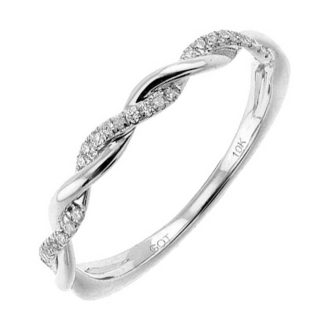 Adorn your hand with this elegantly designed ring, featuring twenty-seven round cut, beautifully accentuated diamonds, collectively weighing 0.05 carats. The ring's shank boasts a stunning twist style and is immaculately crafted in durable 10 karat white gold, a seamless contrast to the brilliance of the gemstones. Add a sparkling twist to your ensemble with this beautiful piece.