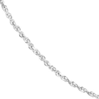 This exquisite piece is crafted from premium 10-karat white gold, measured at 1.56 millimeters in diameter and 24 inches in length. The chain is characterized by its beautiful diamond-cut rope design, featuring a lobster clasp for added security. Suiting both casual and formal wear, it emanates a timeless elegance.