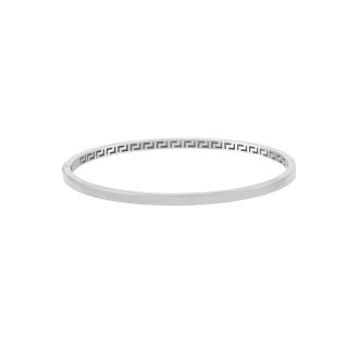 This gorgeous piece originates from subtly polished 14 karat white gold, exemplifying contemporary elegance. The bangle features the tell-tale ancient Greek key design interpreted in striking square tube form, adding a sense of timeless beauty to your wrist. Measures at 7 inches offering a comfy fit. Suits any style exceptionally.