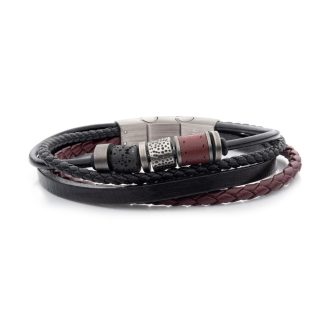 Inox Black & Burgundy Leather with Lava Stone Bead Multi-Strand Bracelet