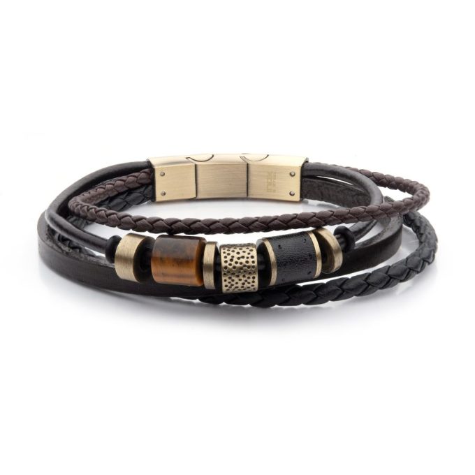 Inox Black & Brown Leather with Tiger's Eye Stone Bead Multi-Strand Bracelet