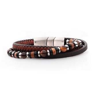 Inox Brown Full Grain Cowhide Leather with Black Onyx,Tiger's Eye & Piccaso Jasper Stone Bead Multi-Strand Bracelet