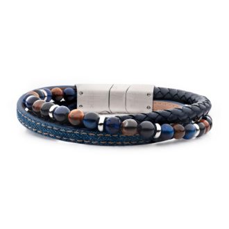 Inox Blue Full Grain Cowhide Leather & Blue Denim with Lapis Lazuli & Tiger's Eye Stone Bead Multi-Strand Bracelet