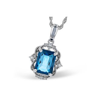 Vintage-Inspired Fashion Necklace with London Blue Topaz and .05ctw Round Diamonds in 14k White Gold