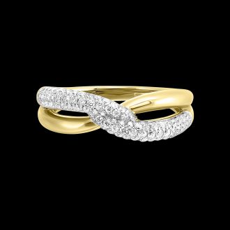 This elegant twisted fashion ring, crafted from 14 karat yellow gold, exudes style and sophistication. The top features an intricate, 80 round design, bearing half carat total weight diamonds. Perfect for elevating your everyday look or complementing a special occasion outfit, it's a beautiful testament to timeless craftsmanship.