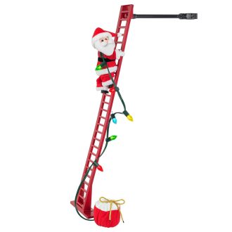 Experience the joy of the holiday season with this plush, battery-powered toy. Watch in delight as this jolly figure effortlessly ascends a 9-foot ladder, playing lively carols along the way. With its plush detailing and festive attire, this charming yuletide performer will bring a touch of magic to your Christmas decorations. Batteries not included.