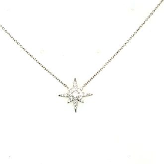This beautiful starburst pendant features 21 round diamonds totaling .30 carats. Crafted out of luxurious 18 karat white gold, the charm showcase the refined bezel setting that demonstrates an exquisite intricate workmanship. Assembled nicely on an 18-inch chain, this pendant makes for an elegant addition to any jewelry collection.