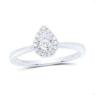 Gorgeously designed, the 10 karat white gold promise ring is stunningly embellished with a radiant diamond cluster. The centerpiece is a beautiful pear-shaped halo, emblazoned with 1/6 carat total weight diamonds. This intricately crafted trinity ring symbolizes a love-pledge, exuding a perfect balance of elegance and modern grace.