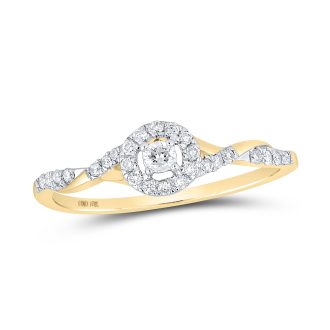 Experience timeless elegance with this exquisite promise ring featuring a striking round diamond, accented beautifully by a halo setting. Skillfully crafted from 10 karat yellow gold, the twisted shank displays infinite charm. Representing 1/5 carat total weight, this ring vows your commitment while adding a divine touch to her hand.
