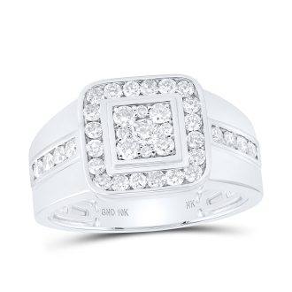 An elegant combination of traditional and modern design featuring a square Halo and 1 carat total weight round Diamond. This finely crafted gentlemen's ring, made with 10 karat white gold, underscores masculine elegance. Its timeless appeal will accentuate any outfit, ideal for occasions from corporate meetings to romantic dates.