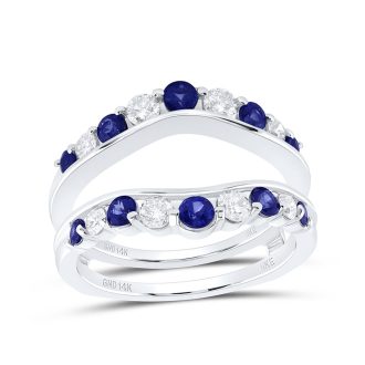 Adorn your finger with this glamorous ring, artistically designed with 8 round, half-carat diamonds and garnished with 10 round, 3/4-carat sapphires. Featuring a unique curved jacket style, the precious stones are studded in a luxurious setting of 14-carat white gold, truly making this piece an eye-catching fashion statement.