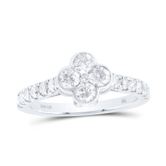 This stylish piece of jewelry showcases a captivating clover design fashioned into a chic ring. Cast in fine 10 karat white gold, its elegance is further emphasized by scintillating round-cut diamonds totaling one carat. Perfect for lending a touch of sophisticated allure to any ensemble, this ring embodies a modern, yet timeless aesthetic.