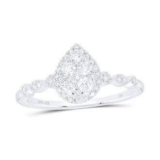 This captivating bridal set showcases a unique pear cluster design with a celestial half carat total weight halo setting. All elegantly crafted in cool radiating 14K white gold for timeless style. This ensemble elevates your special moment with its romantic aesthetic, leaving a lasting expression of your commitment and love.