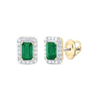 Exquisitely crafted in 14K yellow gold, these captivating stud earrings feature 5x3mm emerald cut emeralds encircled by a radiant halo of round, 1/5 carat total weight diamonds. These alluring ear studs bring a dash of elegance and charm, and serves as an exquisite jewelry piece ideal for any occasion.