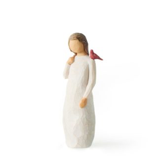 This tenderly crafted figurine features a young maiden elegantly poised with a charming cardinal nestled on her shoulder. Masterfully hand-painted, the girl provides a harmonious counterpoint to the verdant tree behind her, capturing a peaceful interaction with nature. It's finely detailed and makes an enchanting addition to any collection or a meaningful gift for bird-watchers.
