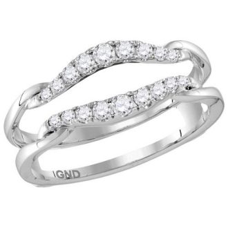 This exquisite accessory showcases a stylish jacket style in shiny 14 karat white gold. Featuring a neat curved design, the piece is adorned with sparkling round cut diamonds that lay out to a third carat. Embrace the glamorous detail and unmatched elegance of this perfect external temporary trim band.