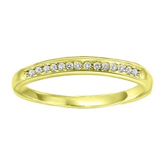 This sophisticated size 6 ring is beautifully crafted from 14-karat yellow gold. The band design is thin, detailed with close set prongs encapsulating 15 round diamonds total weight at .16 carat in an exquisite display, creating a stunning classic piece suited for casual wear or special occasions.