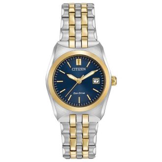 This elegant timepiece radiates sophistication, featuring a radiant blue dial and built-in date function. It comes with a two-tone bracelet punctuating its luxury appeal. Infused with Eco-Drive technology, low lighting is enough to keep this classy accessory glowing. The red detailing complements the aesthetic, concluding its sleek design. Perfect for modern women who appreciate functionality and style.