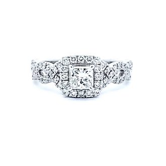 Pre-Owned Halo Engagement Ring with 1ctw Princess Cut and Round Diamonds in 14k White Gold