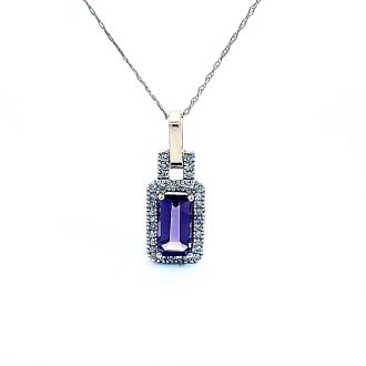 Pre-Owned Halo Necklace with Amethyst and .20ctw Round Diamonds in 14k Yellow Gold