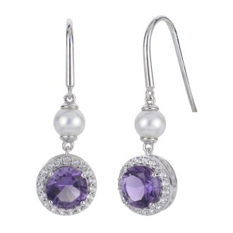 These unique earrings feature 5-5.5mm AA grade freshwater pearls, further enriched with round amethyst stones. Emphasized by a halo-styled white top design, the pieces elegantly dangle - adding a sublime moving gracefulness. Crafted from sturdy sterling silver, they offer both exceptional durability and chic sophistication. Unarguably, the perfect sparkle to any outfit.