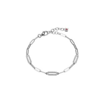 This striking bracelet boasts a contemporary design featuring rhodium-plated links in an oval formation. Made with premium stainless steel and dotted with Cubic Zirconia stones for added sparkle, it measures a comfortable 6.5 inches with an included extension for adjustable fit. Dress up any attire with this stylish, modern accessory.