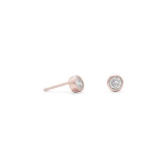 Stud Earrings with Bezel Round Cubic Zirconia in Rose Plated Sterling Silver