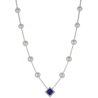 Freshwater Pearl Necklace with Lab Grown Sapphire and White Topaz in Sterling Silver