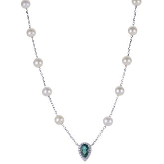 Freshwater Pearl Necklace with White Topaz and Lab Grown Emerald in Sterling Silver