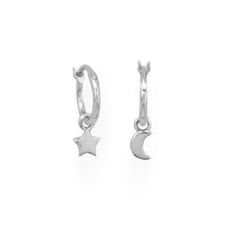Hoop Earrings with Moon & Star Charms in Sterling Silver