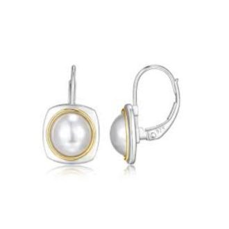 These elegant drop earrings showcase 8mm white shell pearls, delicately framed within a yellow gold plate and sterling silver rounded bezel. The dreamy pearls are shaped in a unique square and hang delicately, providing a touch of timeless elegance and sophistication. Ideal accessories for any occasion that will enhance any outfit effortlessly.