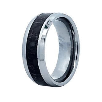This exquisite men's ring, with a size of 11, features a unique grey dinosaur bone inlay. Crafted with an 8mm tungsten carbide, it boasts of a beveled edge design ensuring durability and lasting brilliance. The structured fit makes it a perfect choice for comfort, making a powerful statement of style and grandeur.