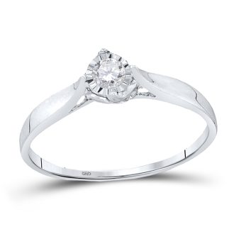 Show your commitment with this exquisite promise ring crafted from solid 10 carat white gold. Encrusted with a round diamond weighing approximately 1/12ctw, this beautiful ring signifies lasting romance. Elegant and timeless, it offers gleaming radiance which will surely illuminate the hand of every woman who wears it.