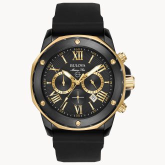 This stylish and luxurious Bulova Gents black and gold stainless steel marine star dress watch features bold Roman numeral markers, a bold black dial and a sophisticated gold tone case. The classic yet fashionable style makes it perfect for any occasion. It features contemporary quartz movement, a scratch resistant sapphire crystal and is water resistant up to 30 meters. This fashionable and classic timepiece is sure to impress!