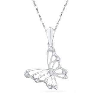 This captivating open wing butterfly pendant made with 10 karat white gold features 13 stunning round diamonds that total to approximately 0.05 carat total weight. With an immensely intricate design, it serves as an elegant piece perfect for nature lovers. Please note this listing is for the pendant only, chain not included.