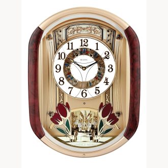 This elegant timepiece by Bulova, known as 'Fantastic', showcases a rich gold tone finish and features beautiful wooden accents. Its highlight is a mesmerizing melody function that enhances its aesthetic appeal, making it more than just a wall clock. Its classy design makes it a perfect fit for any traditional or contemporary decor.