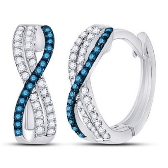 Presenting luxurious White and Blue Round Diamond 10-karat White Gold Hoop Earrings, significantly fashioned with a unique crossover design. Adorn the awe-inspiring gift of quarter-carat total weight. Features irresistible huggie style hoops, nestling onto ears lovingly for poised elegance and comfort. Wear refinement embodied in these splendid earrings.
