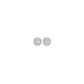 Adorn yourself with these stunning 14 karat white gold, halo-style earrings. Each earring is embellished with an outline of 30 gleaming diamonds, totaling approximately 0.10 carat weight. These captivating ear studs offer glittering sophistication for everyday wear or standout moments, promising to enchant whoever lays eyes on it. Elegant yet securely designed, its timeless appeal will mesmerize.