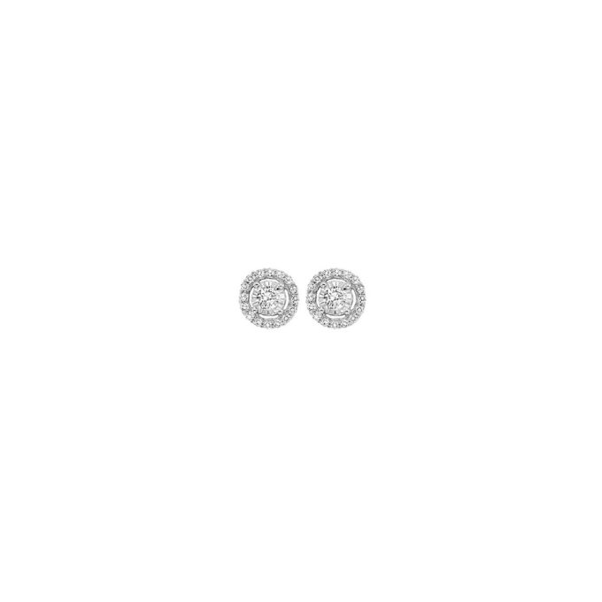 Adorn yourself with these stunning 14 karat white gold, halo-style earrings. Each earring is embellished with an outline of 30 gleaming diamonds, totaling approximately 0.10 carat weight. These captivating ear studs offer glittering sophistication for everyday wear or standout moments, promising to enchant whoever lays eyes on it. Elegant yet securely designed, its timeless appeal will mesmerize.
